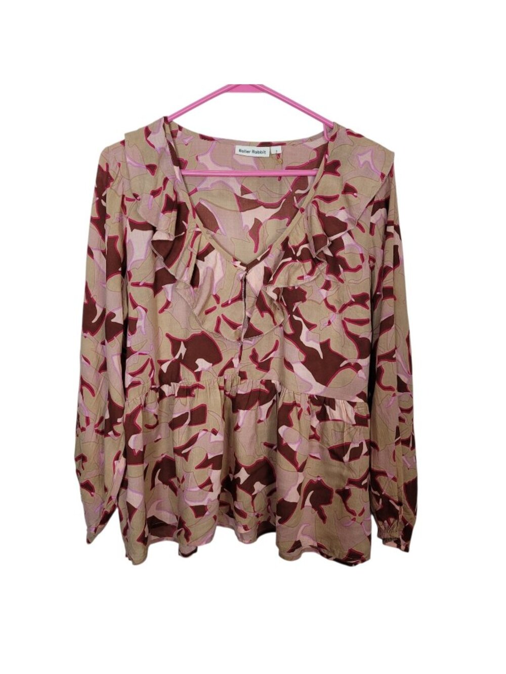 Roberta Roller Rabbit Taupe All Over Print Peplum Blouse Ruffled V-Neck Sz Small